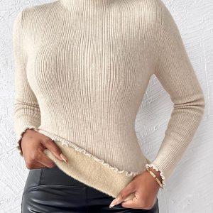 Fleece Lined Stand Collar Long Sleeves Frill Hem Sweater Thermal Fall and Winter Top, women Sweaters & Cardigans, ChicMe catalog