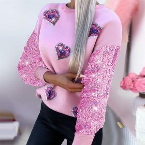 Sequin Heart Pattern Decor Round Neck Velvet Spliced Sweatshirt Sweet Drop Shoulder Pullover Top, women Sweats & Hoodies, ChicMe catalog