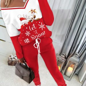 2 Pieces Outfit Cartoon Santa Claus Reindeer Let it Snow Print V-Neck Drop Shoulder Top and Drawstring Stretchy Waist Pants Set Casual Christmas Colorblock Set, women Two-piece Sets, ChicMe catalog