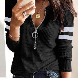 Striped Print Zipper Front Long Sleeve Top  Waffle Knit Loose Fitting Tunic Tops, women T-shirt & Tees, ChicMe catalog
