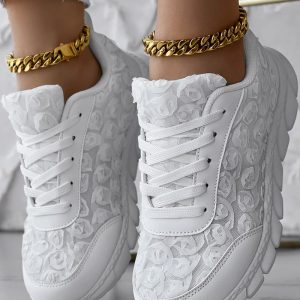 Floral Pattern Sheer Mesh Patch Lace-up Sneakers, women Sneakers, ChicMe catalog