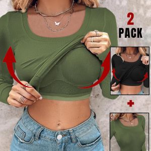 ChicMe Built-in Bra 2 Piece U-Neck Long Sleeve Athletic Tank Tops with Built-In Bras Ribbed Design Casual Pack Top, women T-shirt & Tees, ChicMe catalog