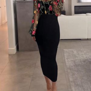 Floral Embroidery High Neck Long Sleeve Slim Fit Bodycon Sheer Mesh Mid-Calf Dress, women Bodycon Dresses, ChicMe catalog