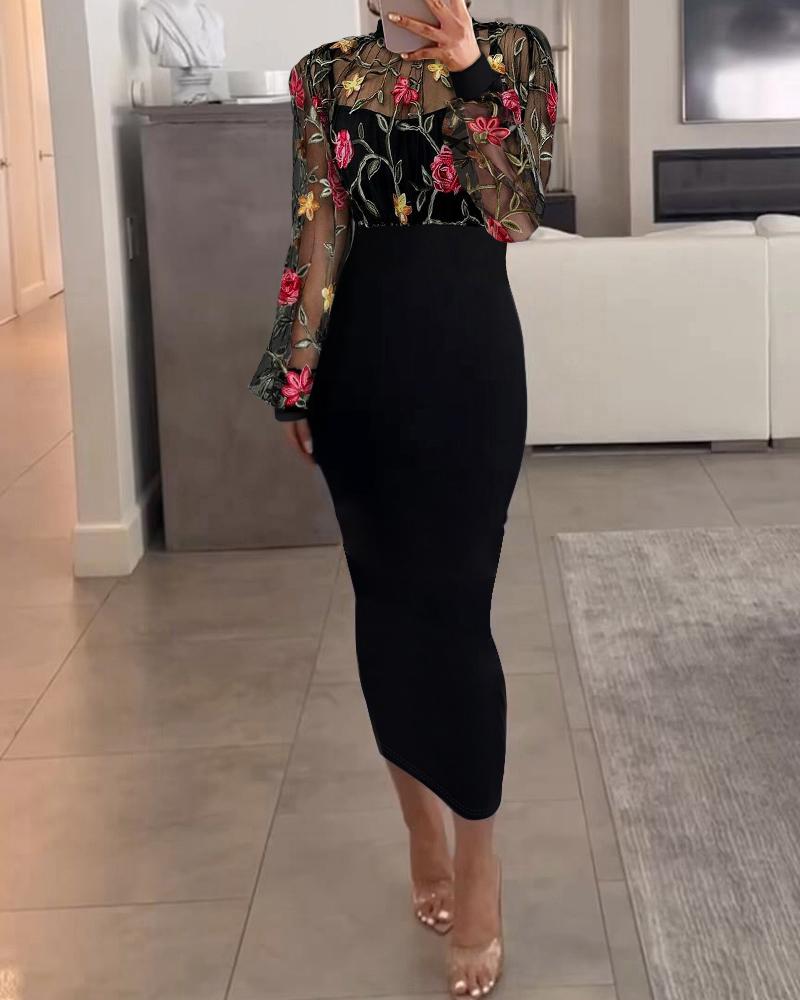 Floral Embroidery High Neck Long Sleeve Slim Fit Bodycon Sheer Mesh Mid-Calf Dress, women Bodycon Dresses, ChicMe catalog