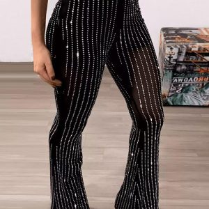 Sheer Mesh Rhinestone Decor High Waist Skinny Flared Pants, women Pants, ChicMe catalog