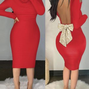 Cowl Neck Long Sleeve Ruched Bodycon Dress Sparkly Sequin Bowknot Decor Backless Midi Dresses, women Bodycon Dresses, ChicMe catalog