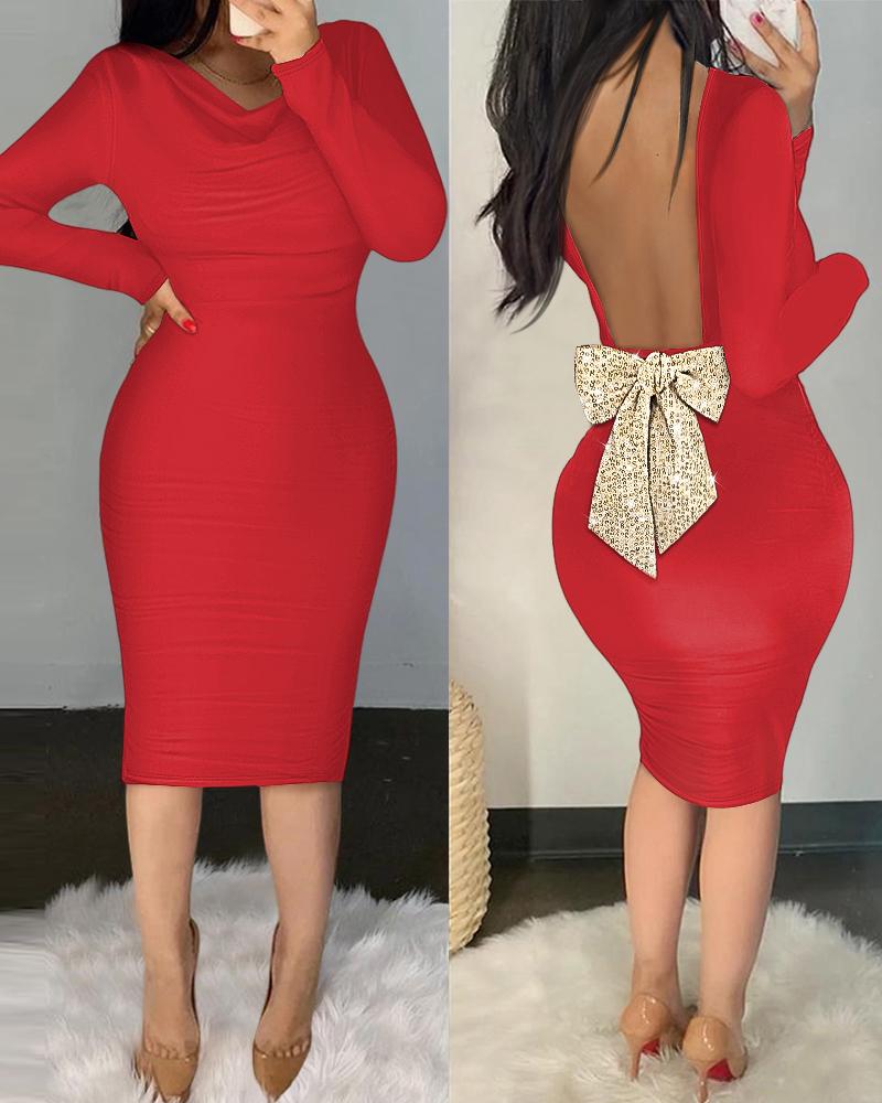 Sparkly Sequin Bowknot Decor Cowl Neck Long Sleeve Bodycon Dress Backless Party Dress, women Bodycon Dresses, ChicMe catalog - Image 3