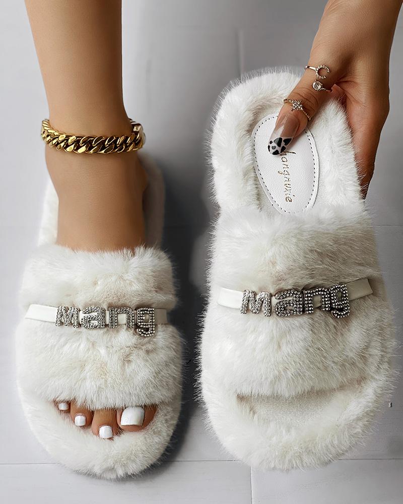 Rhinestone Letter Decor Fluffy Winter Slippers, women Slippers, ChicMe catalog