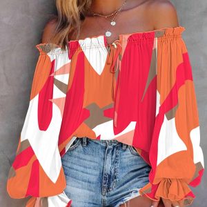 All Over Print Off Shoulder Lantern Sleeve Frill Hem Blouse Casual Top, women Blouses & Shirts, ChicMe catalog