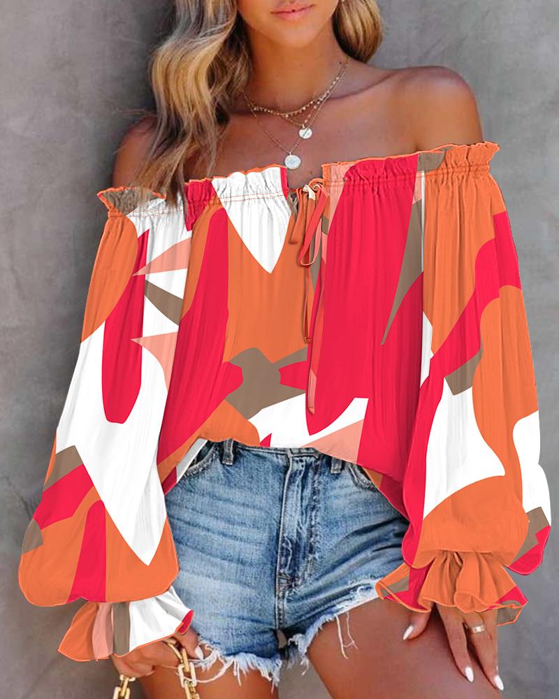 All Over Print Off Shoulder Lantern Sleeve Frill Hem Blouse Casual Top, women Blouses & Shirts, ChicMe catalog