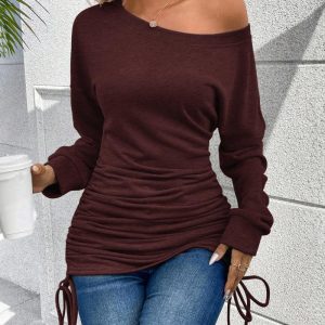 Skew Neck Long Sleeve Side Drawstring Top, women T-shirt & Tees, ChicMe catalog
