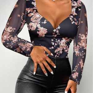 Floral Print V Neck Sheer Mesh Long Sleeve Shirt Casual Slim Fit Blouse Top, women T-shirt & Tees, ChicMe catalog