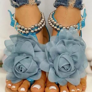 Mesh Floral Embellished Beaded Flat Sandals, women Flats-Sandals, ChicMe catalog