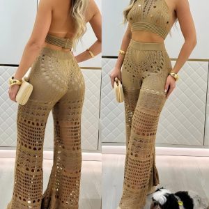 2 Pieces Halter Sleeveless Crop Top and Casual Hollow-out Loose Fit Pants Set, women Two-piece Sets, ChicMe catalog