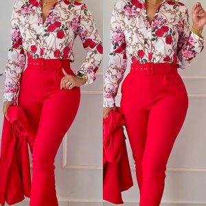 Floral Baroque Print Shirt & High Waist Pants Set, women Two-piece Sets, ChicMe catalog