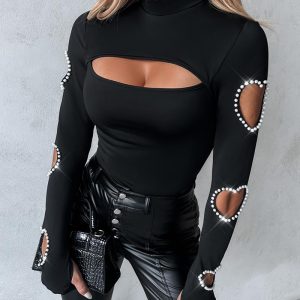 Beaded Decor Cutout Long Sleeve Top, women T-shirt & Tees, ChicMe catalog