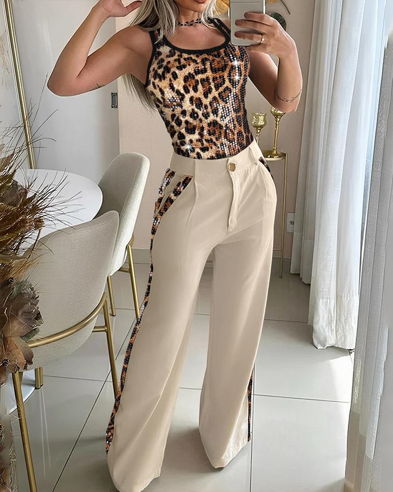 2 Piece Leopard Pattern Contrast Sequin Thick Strap Tank Wide Leg Pants Casual Set, women Two-piece Sets, ChicMe catalog