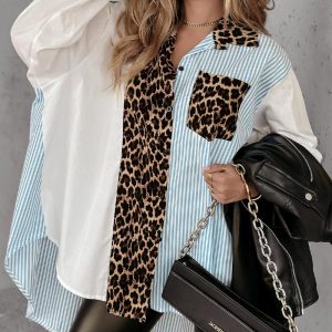 Leopard Print Striped Dip Hem Loose Fit Casual Blouse Button Front Shirt, women Blouses & Shirts, ChicMe catalog