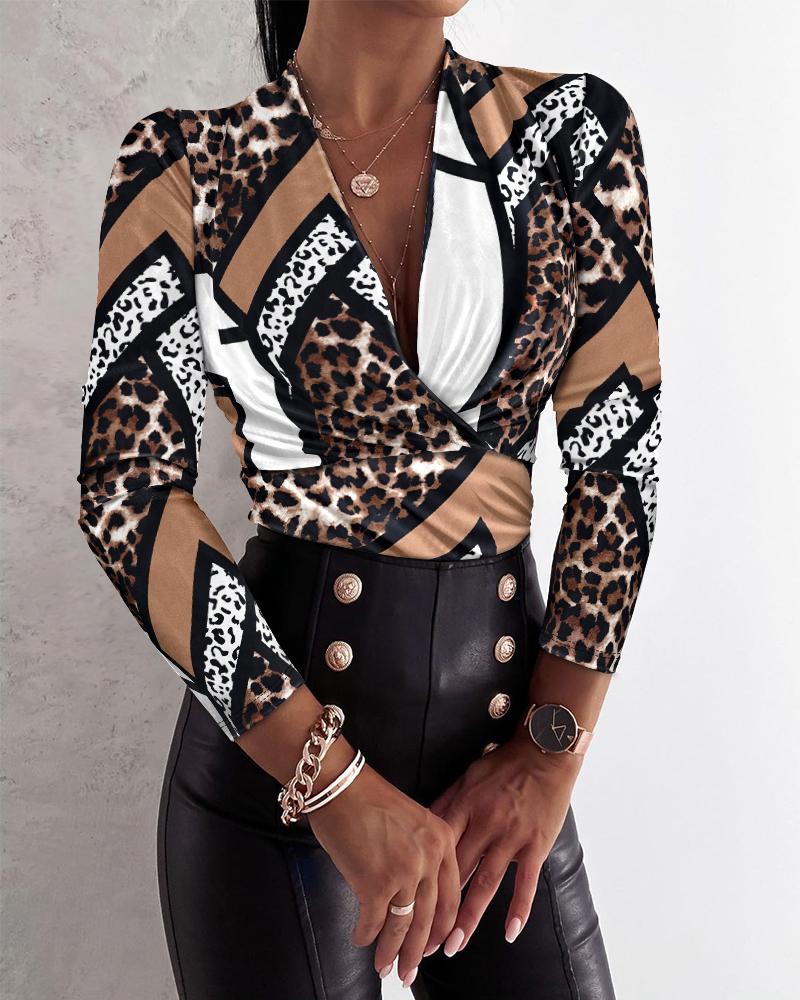 Leopard Print V-Neck Criss Cross Long Sleeve Shirts Casual Top, women Blouses & Shirts, ChicMe catalog