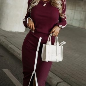 2 Piece O-Neck Pullover Casual Top Slit Front Skirt Set Tracksuit, women Two-piece Sets, ChicMe catalog