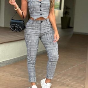 2 Pieces Plaid Print V Neck Button Front Sleeveless Tank with Lining and Casua Strechy Waist Pocket Design Slim Fit Pants Set, women Two-piece Sets, ChicMe catalog
