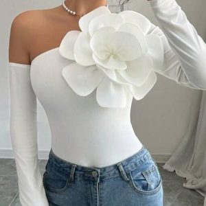 Floral Design Skew Neck Slim Fit Long Sleeve Tee Casual Causal Top, women T-shirt & Tees, ChicMe catalog