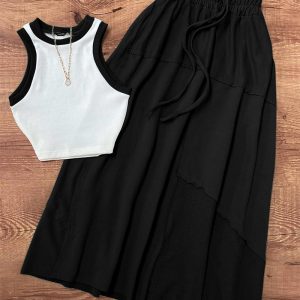 Contrast Paneled Crop Top & Pleated Skirt Set, women Two-piece Sets, ChicMe catalog