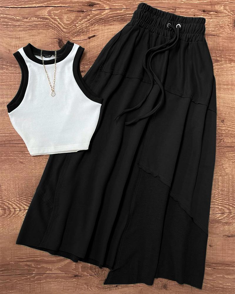 Contrast Paneled Crop Top & Pleated Skirt Set, women Two-piece Sets, ChicMe catalog