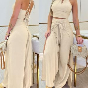 2 Piece O-Neck Sleeveless Crisscross Crop Top High Waist Wide Leg Pants Outfits Set, women Two-piece Sets, ChicMe catalog