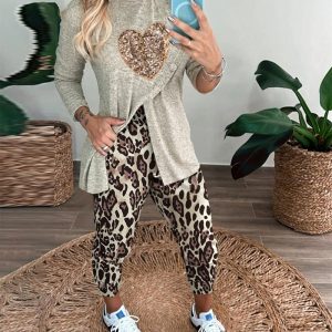 2 Pieces Outfit Sequin Heart Pattern Button Decor Mock Neck Long Sleeve Slit Top and Leopard Print High Waist Slim Fit Pants Set Casual Lounge Set, women Two-piece Sets, ChicMe catalog