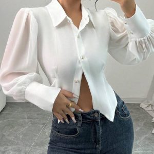 Ciff Lantern Sleeve Turn-down Collar Cinched Waist Beaded Decor Blouse Casual Top, women Blouses & Shirts, ChicMe catalog
