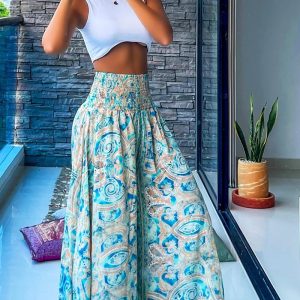 Paisley Print Shirred High Waist Wide Leg Pants Vacation Pants, women Pants, ChicMe catalog