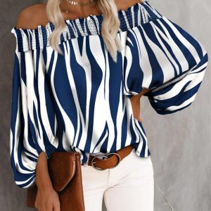 Zebra Stripe Print Off Shoulder Lantern Sleeve Top, women Blouses & Shirts, ChicMe catalog