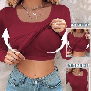 ChicMe Built-in Bra U-Neck Long Sleeve Ribbed Top, women T-shirt & Tees, ChicMe catalog