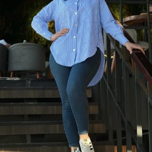 Striped Turn-down Collar Long Sleeve Button Front Pocket Design Blouse Casual Side Button Design High-Low Hem Top, women Blouses & Shirts, ChicMe catalog