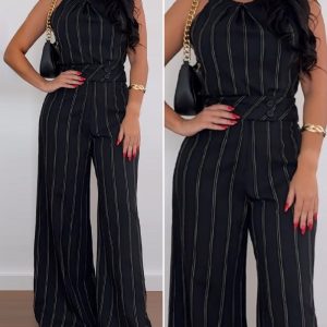 2 Pieces Outfit Striped Sleeveless Zipper Back Top and Button Decor High Waist Wide Leg Pants Set, women Two-piece Sets, ChicMe catalog