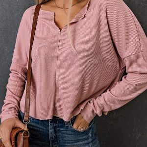 Long Sleeve Notch Neck Knit Top, women T-shirt & Tees, ChicMe catalog