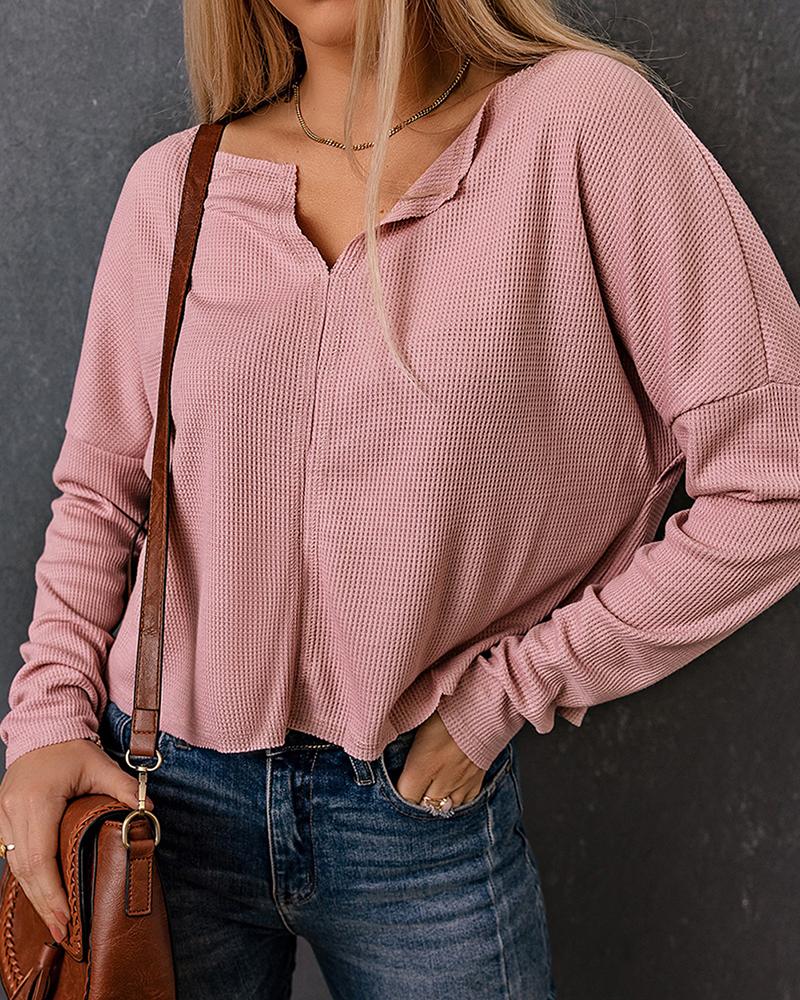 Long Sleeve Notch Neck Knit Top, women T-shirt & Tees, ChicMe catalog