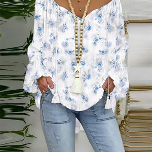 Floral Print Tassel Design Lantern Sleeve Shirred Blouse Casual Top, women Blouses & Shirts, ChicMe catalog