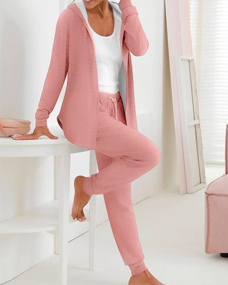 2 Pieces Outfit Long Sleeve Zip Up Curved Hem Hoodie Coat and Casual Drawstring Elastic Waist Cuffed Pants Set, women Two-piece Sets, ChicMe catalog - Image 4
