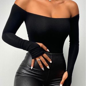 Off Shoulder Long Sleeve Skinny Casual Top with Thumb Hole Cuffs, women T-shirt & Tees, ChicMe catalog