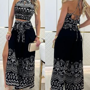 2 Pieces Outfits Tribal Print Keyhole Neck Sleeveless Top and Wide Leg Tied Detail Slit Pants Sets, women Two-piece Sets, ChicMe catalog