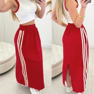 2 Piece Crewneck Sleeveless Contrast Binding Tank Top Striped Slit Skirt with Pockets Tracksuit Set, women Two-piece Sets, ChicMe catalog