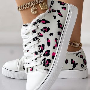 Leopard Print Raw Hem Lace-up Canvas Sneakers, women Sneakers, ChicMe catalog