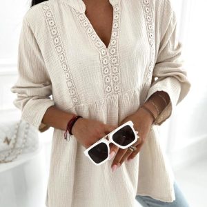 Notch Neck Long Sleeve Lace Spliced Shirt Casual Waist A-Line Loose Fit Top, women Blouses & Shirts, ChicMe catalog