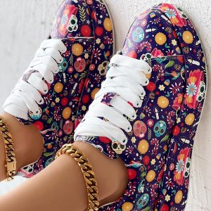 Halloween Skull Head Floral Print Lace-up Platform Sneakers, women Sneakers, ChicMe catalog