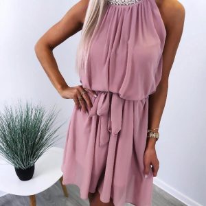 Beaded Rhinestone Decor Halter Sleeveless Mini Dress Casual Waist Tied Detail Ruched Dress, women Casual Dresses, ChicMe catalog