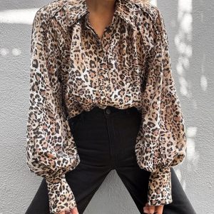 Leopard Print Turn-down Collar Lantern Sleeve Blouse Casual Top, women Blouses & Shirts, ChicMe catalog
