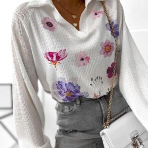 Floral Print Polo Collar Long Sleeve Blouse Casual Pullover Shirt Top, women Blouses & Shirts, ChicMe catalog