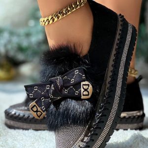 Rhinestone Bowknot Design Platform Fuzzy Slip-On Loafers, women Sneakers, ChicMe catalog